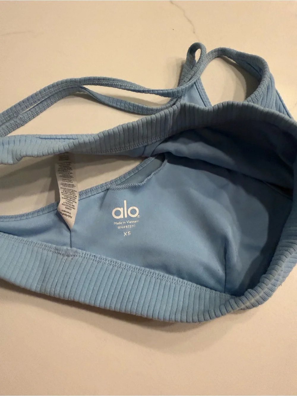 ALO Yoga Light Blue Ribbed V-Back Sports Bra